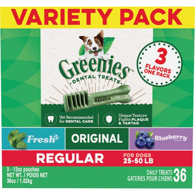 Greenies 3Flavor Variety Pack Dog Dental Dog Treat Regular, 36 oz, 36 ct