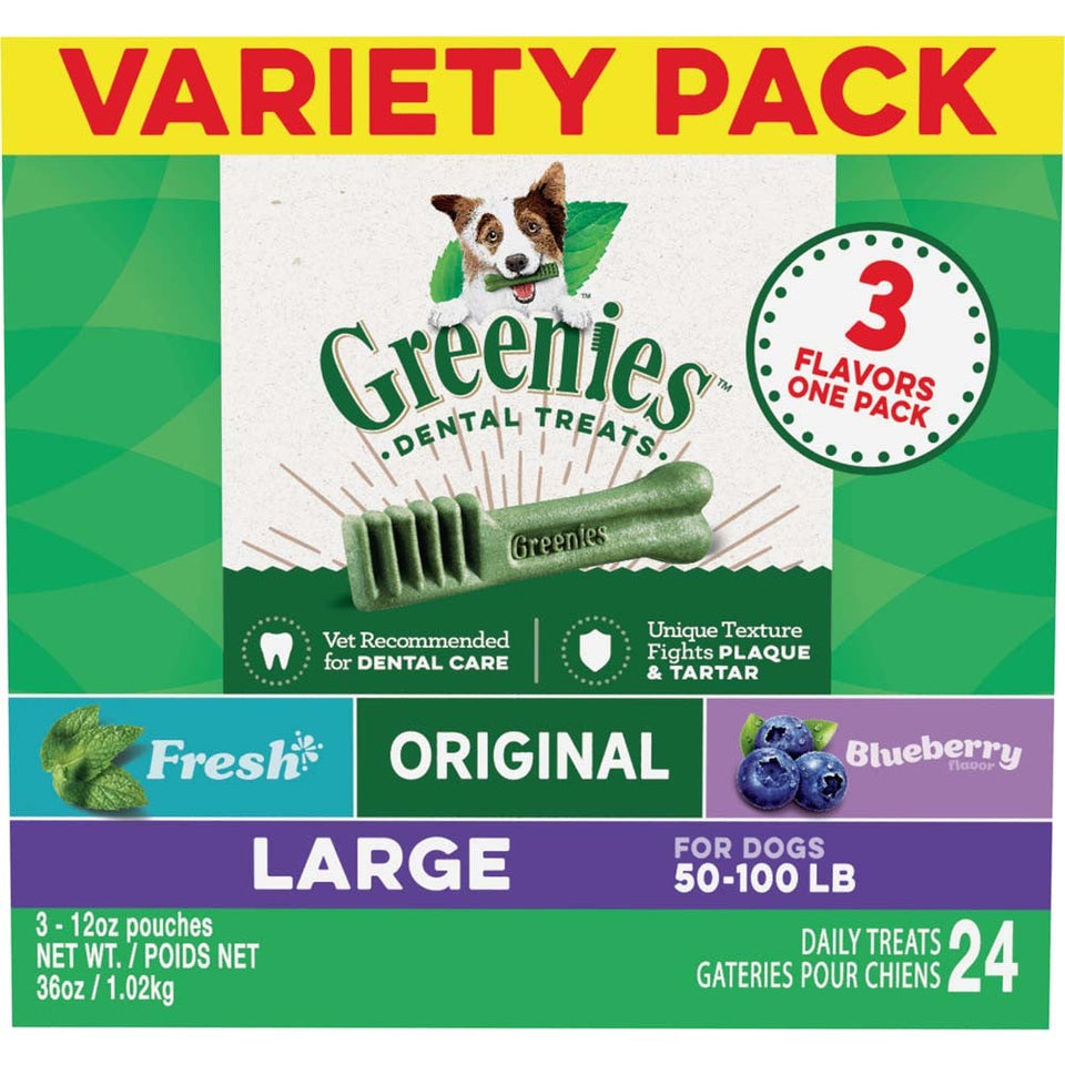 Greenies 3Flavor Variety Pack Dog Dental Dog Treat Large, 36 oz, 24 ct