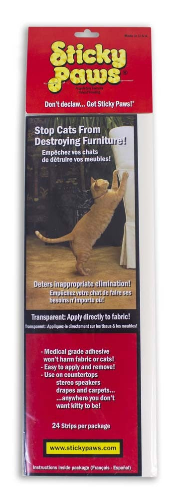Red and yellow package of Sticky Paws Furniture Protector, showing a cat scratching a white chair.