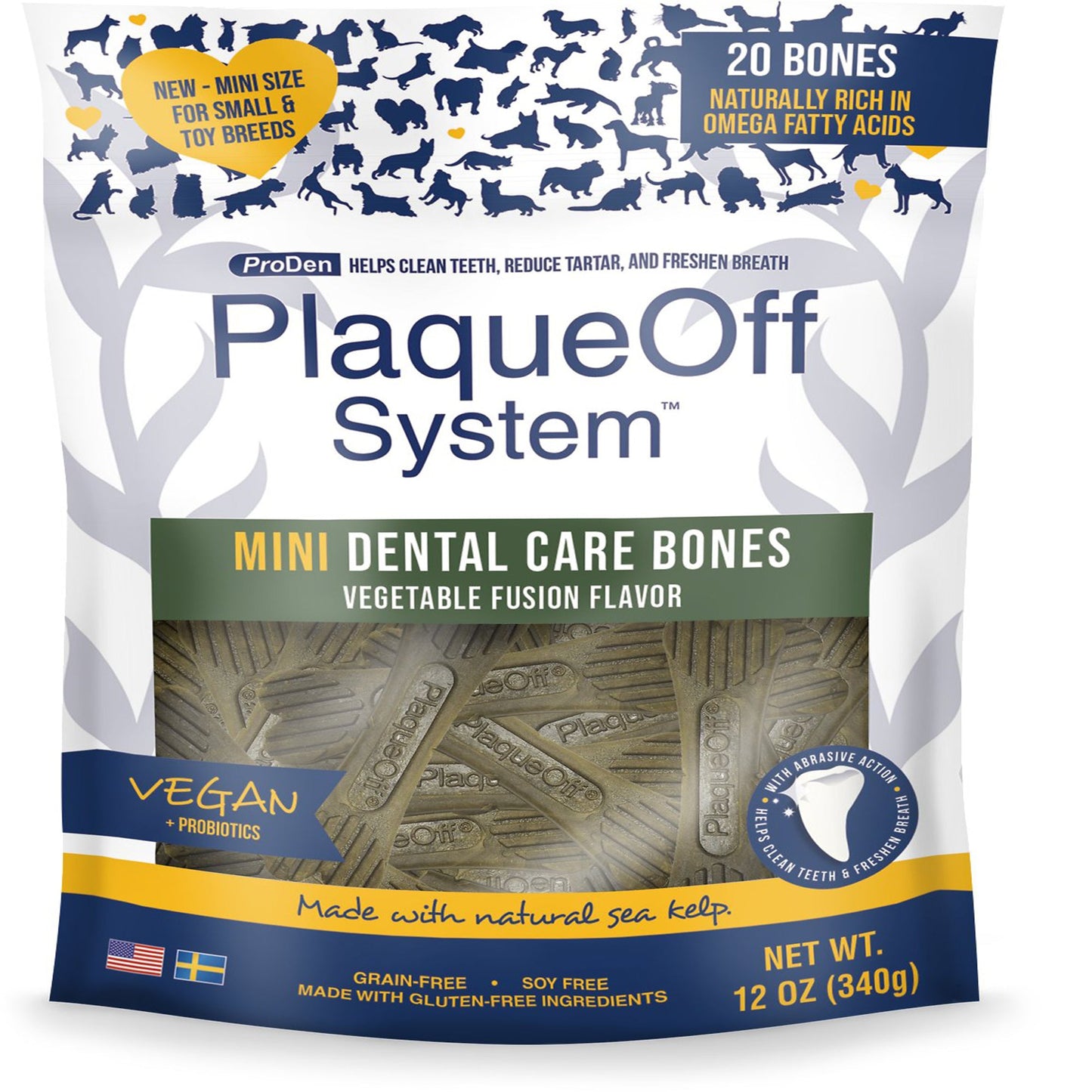 Proden Plaqueoff System Mini Dental Care Bones Vegetable Fusion Flavor Dog Treats, 12 oz