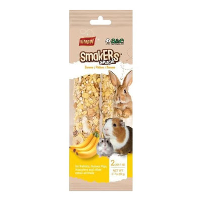 Banana-flavored Vitapol Smakers treat sticks for small animals, with a rabbit, guinea pig, and hamster on the packaging.