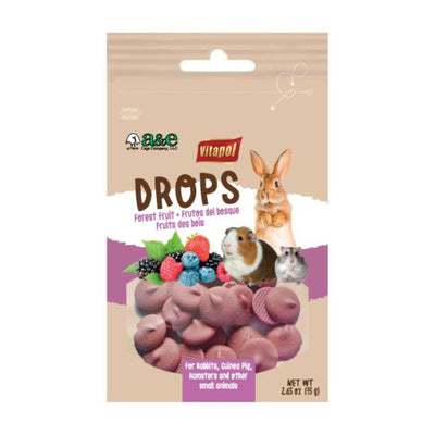 Forest fruit drops for small animals in a stand-up pouch with a rabbit, guinea pig, and hamster.