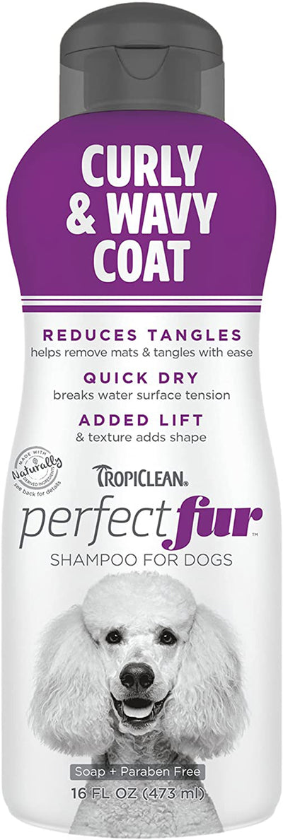 White bottle of TropiClean PerfectFur Curly & Wavy Coat dog shampoo with a purple label and a white poodle.