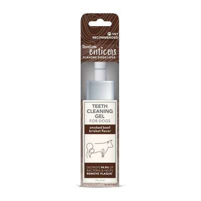 Brown and white TropiClean Enticers teeth cleaning gel for dogs, smoked beef brisket flavor, in its retail packaging.