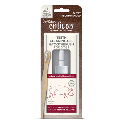 TropiClean Enticers Teeth Cleaning Gel & Toothbrush for Dogs Hickory Smoked Bacon, 2 oz, Small/Medium