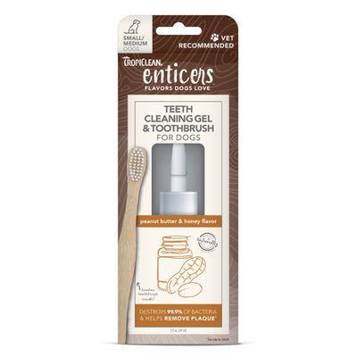 TropiClean Enticers Teeth Cleaning Gel & Toothbrush for Dogs Peanut Butter & Honey 2 oz, Small/Medium