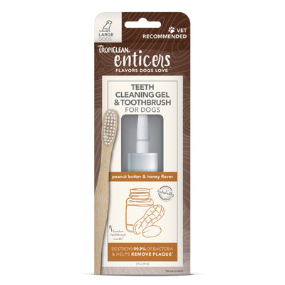 TropiClean Enticers Teeth Cleaning Gel & Toothbrush for Dogs Peanut Butter & Honey 2 oz, Large