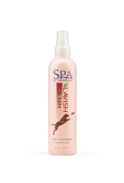 Pink spray bottle of TropiClean For Him pet cologne with a dog silhouette and "SPORT" text.
