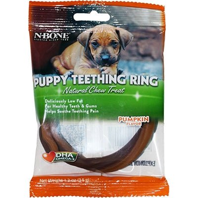 Pumpkin flavor teething ring package with close-up puppy face and QR code