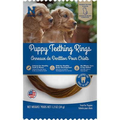 Single peanut butter teething ring in blue wrapper showing puppy photo and one ring