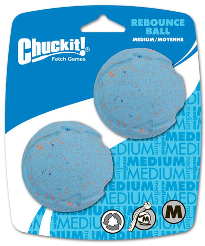 Two speckled blue Rebounce balls shown on medium-size Chuckit retail packaging