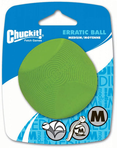 Green textured Erratic Ball dog toy displayed on Chuckit medium-size packaging
