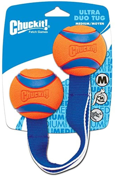 Ultra Duo Tug package showing two tennis balls attached to a tug strap