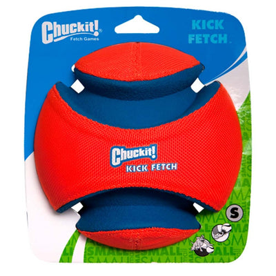 Orange and blue football-shaped Kick Fetch toy on small-size package