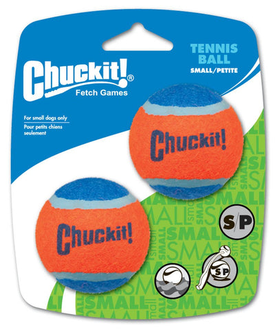 Two orange and blue Chuckit tennis balls displayed on small-size retail packaging