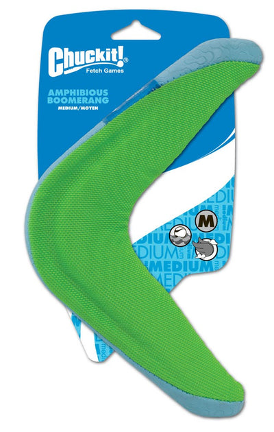 Green amphibious boomerang toy on backer card with medium size badge