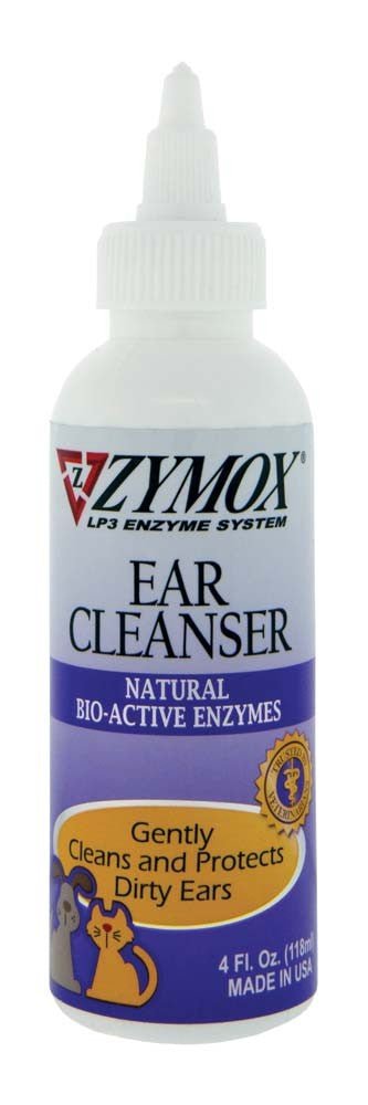 White bottle of Zymox Ear Cleanser with a purple label, featuring a dog and cat, and a pointed white cap.