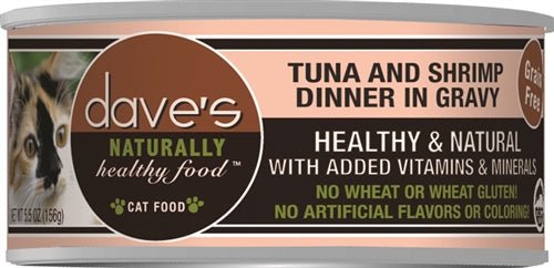 Dave's Naturally Healthy Cat Food; Tuna and Shrimp Dinner In Gravy 5.5oz. (Case of 24) - Pets Perfect