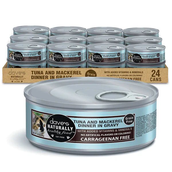Dave's Naturally Healthy Cat Food, Tuna and Mackerel Dinner In Gravy 5.5oz. (Case of 24) - Pets Perfect
