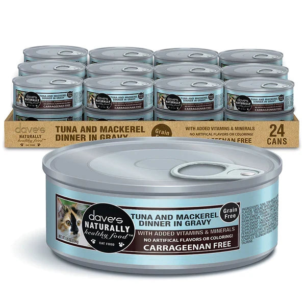 Dave's Naturally Healthy Grain-Free Tuna and Mackerel Dinner in Gravy Wet Cat Food, 5.5 oz, 24 ct
