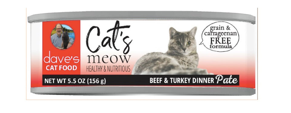 Dave's Pet Food Cat's Meow Beef with Turkey Dinner Wet Cat Food - Pate, 5.5 oz, 24 ct
