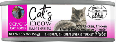 Dave's Pet Food Cat's Meow 95% Chicken - Chicken & Liver Pate Wet Cat Food, 5.5 oz, 24 ct