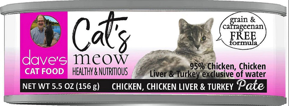 Dave's Pet Food Cat's Meow 95% Chicken - Chicken & Liver Pate Wet Cat Food, 5.5 oz, 24 ct