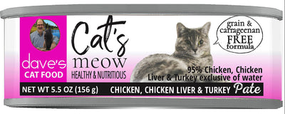 Dave's Pet Food Cat's Meow 95% Chicken - Chicken, Liver & Turkey Pate Wet Cat Food, 5.5 oz, 24 ct