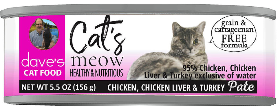 Dave's Pet Food Cat's Meow 95% Chicken - Chicken, Liver & Turkey Pate Wet Cat Food, 5.5 oz, 24 ct