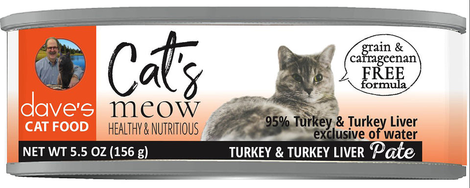 Dave's Pet Food Cat's Meow 95% Turkey - Turkey & Liver Pate Wet Cat Food, 5.5 oz, 24 ct