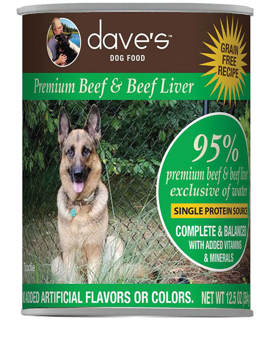 Dave's Pet Wet Dog Food Dog 95% Premium Meats Beef And Beef Liver, 12.5 oz each, Case of 12