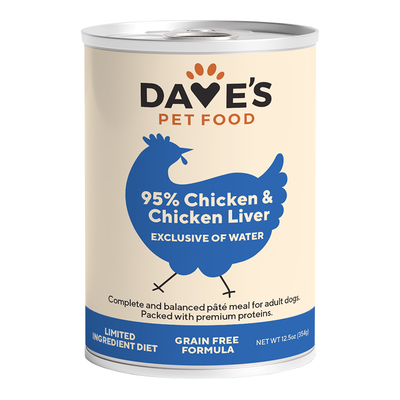 Dave's Pet Wet Dog Food Dog 95% Premium Meats Chicken And Chicken Liver, 12.5 oz each, Case of 12