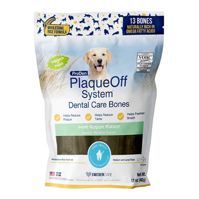 White bag of ProDen PlaqueOff Dental Care Bones with a golden retriever, showing product benefits and mint flavor.