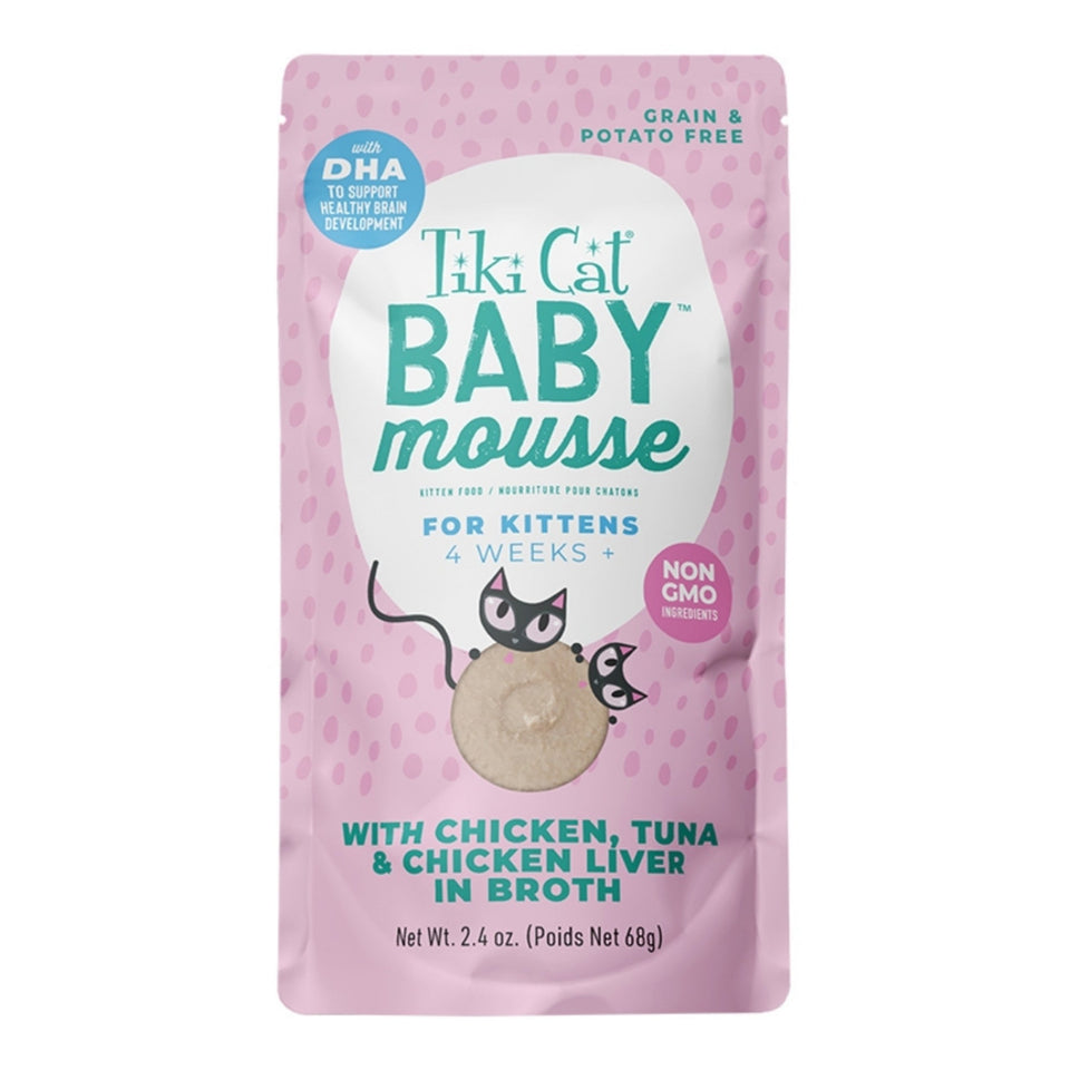 Tiki Pet Cat Mousse Kitten Chicken, Tuna, Chicken Liver 2.4oz. (Case of 12)