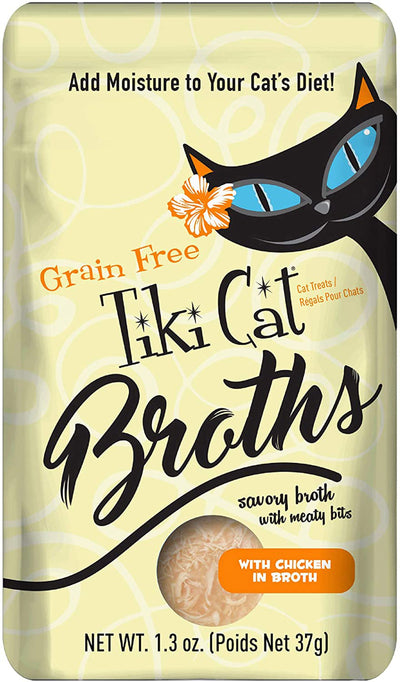 Light yellow pouch of Tiki Cat Broths with a black cat logo, orange flower, and a chicken in broth image.