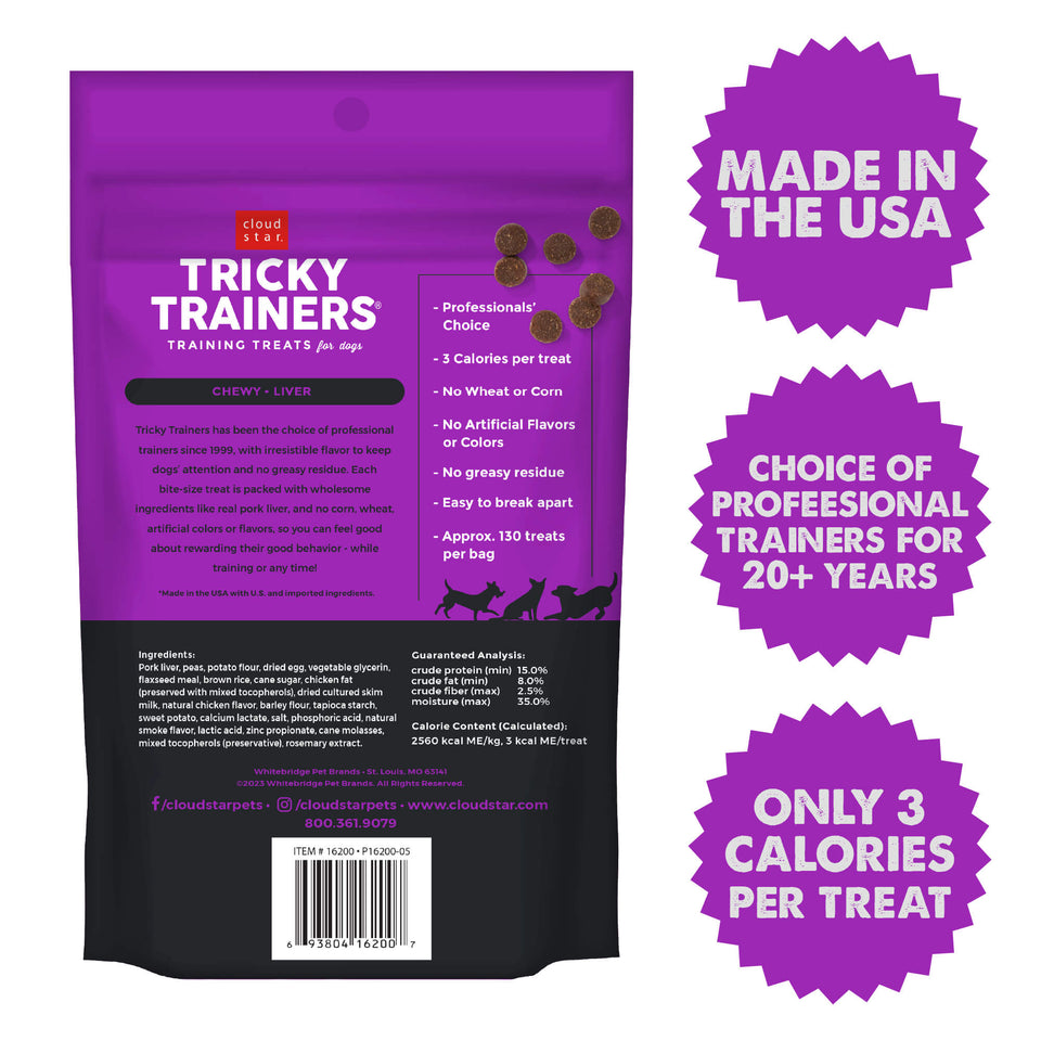 Back label with ingredient panel and USA made, 3 calorie per treat badges