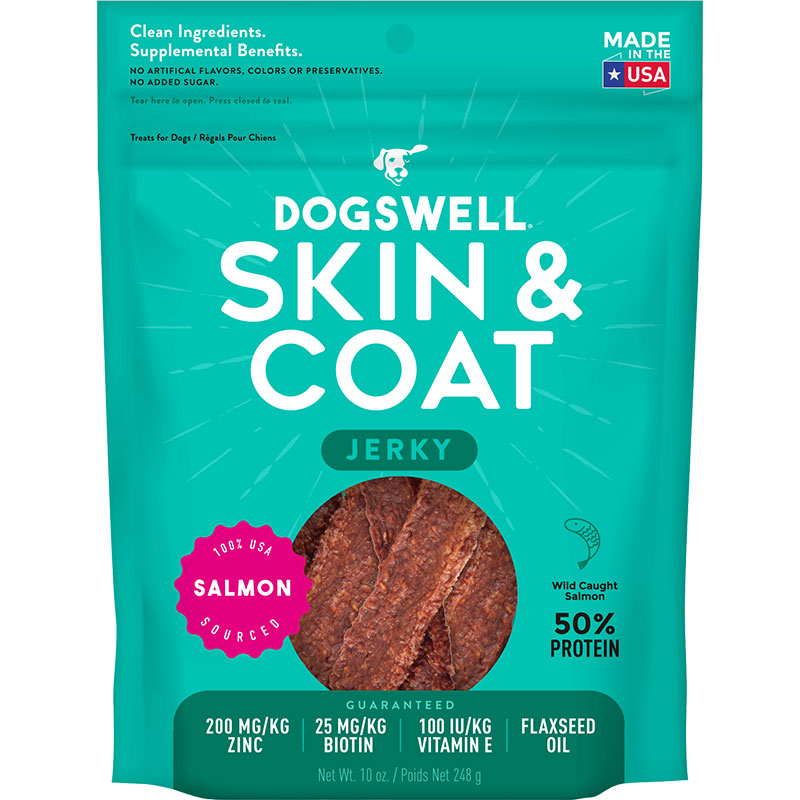 Dogswell Jerky Skin and Coat Grain-Free Salmon, 10 oz