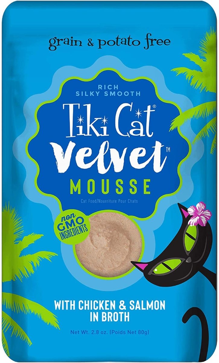 Tiki Pets Cat Velvet Mousse Chicken and Salmon in Broth 2.8oz. (Case of 12) - Pets Perfect