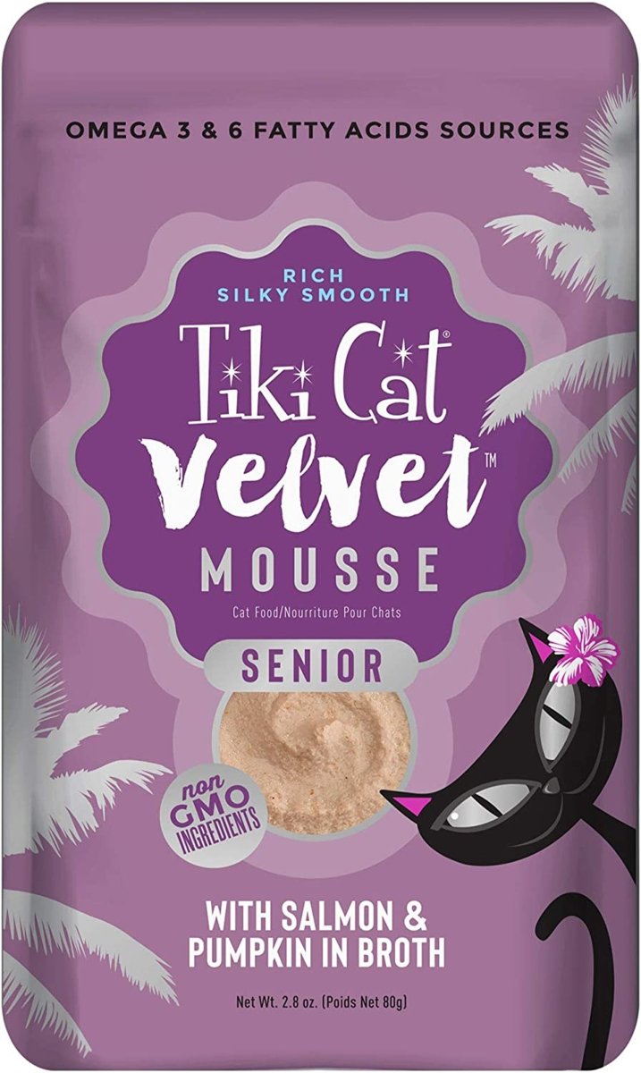 Tiki Pets Cat Velvet Senior Mousse with Salmon and Pumpkin in Broth 2.4oz. (Case of 12) - Pets Perfect