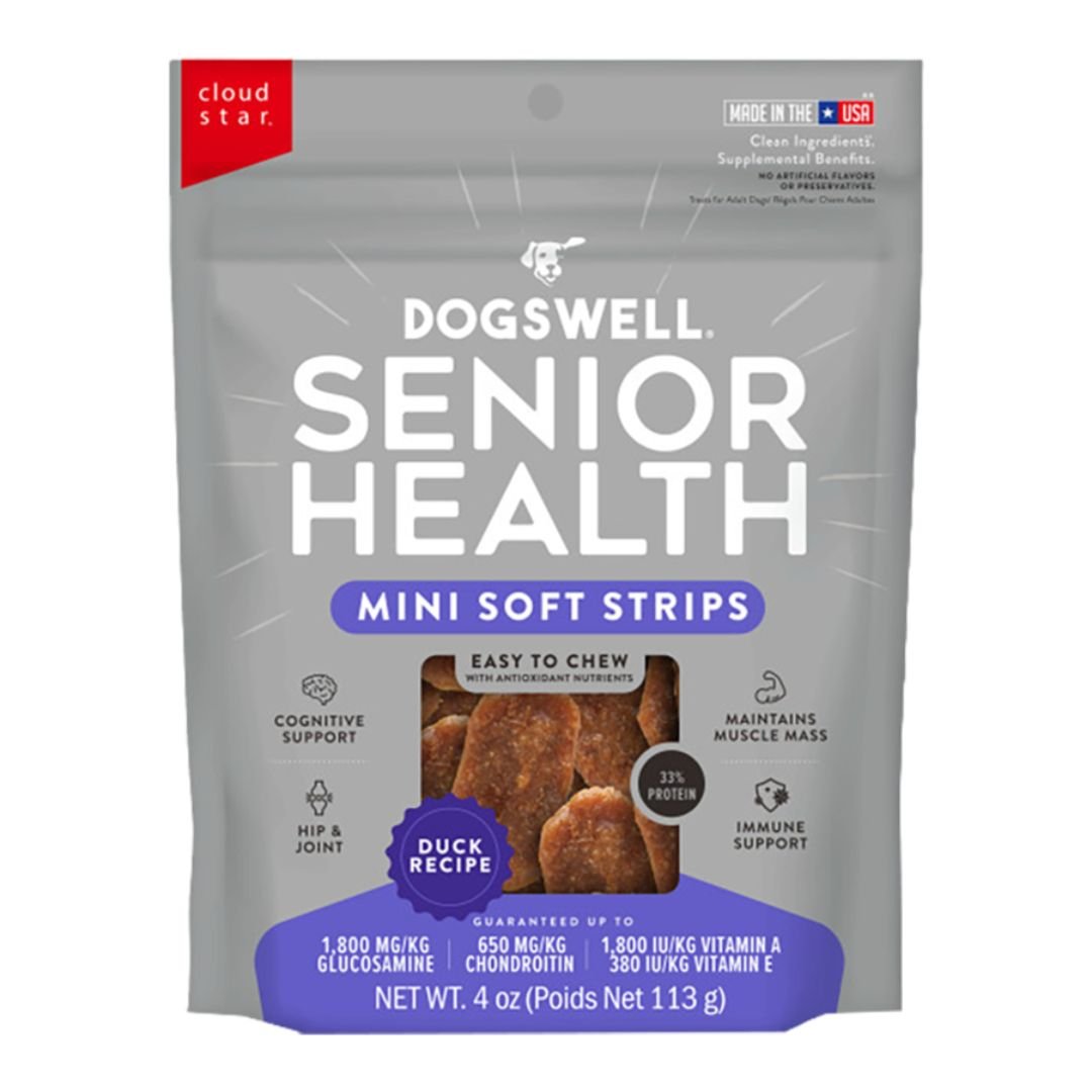 Dogswell Dog Lifestage Senior Treat Jerky Soft Strip Duck 4oz. - Pets Perfect