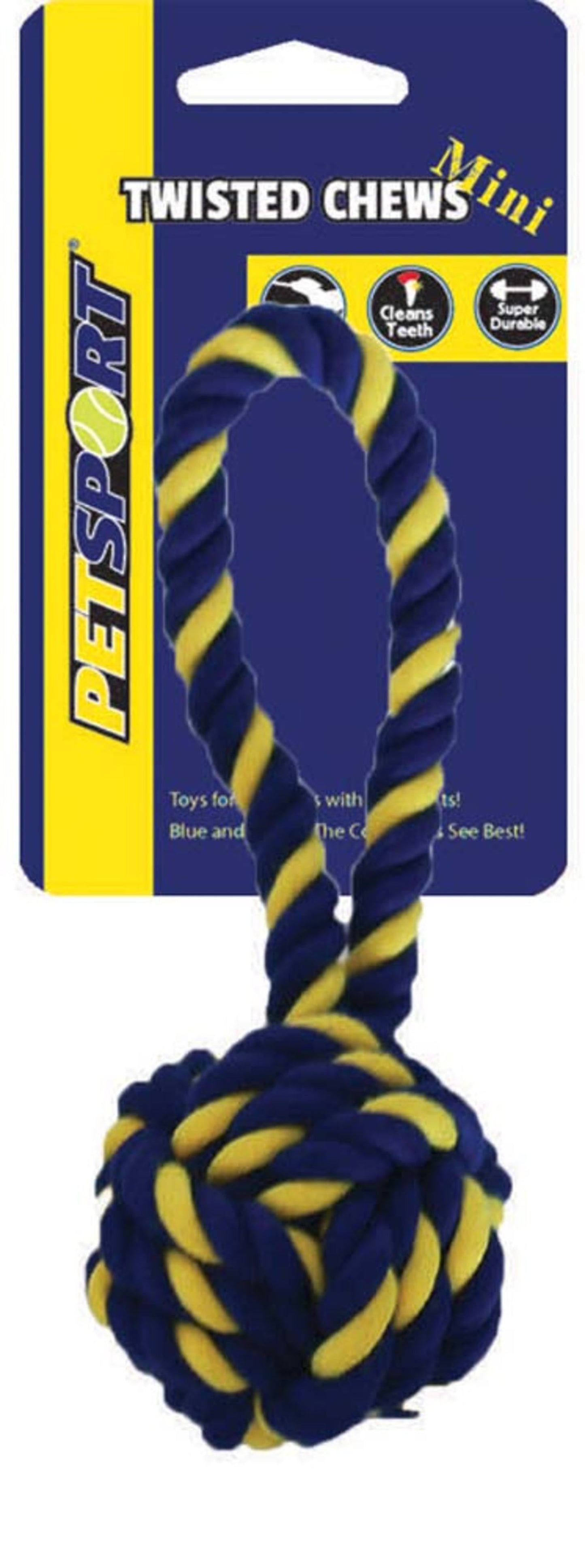 Petsport USA Twisted Chew Monkey Fist Dog Toy, Blue, Yellow, 7 in