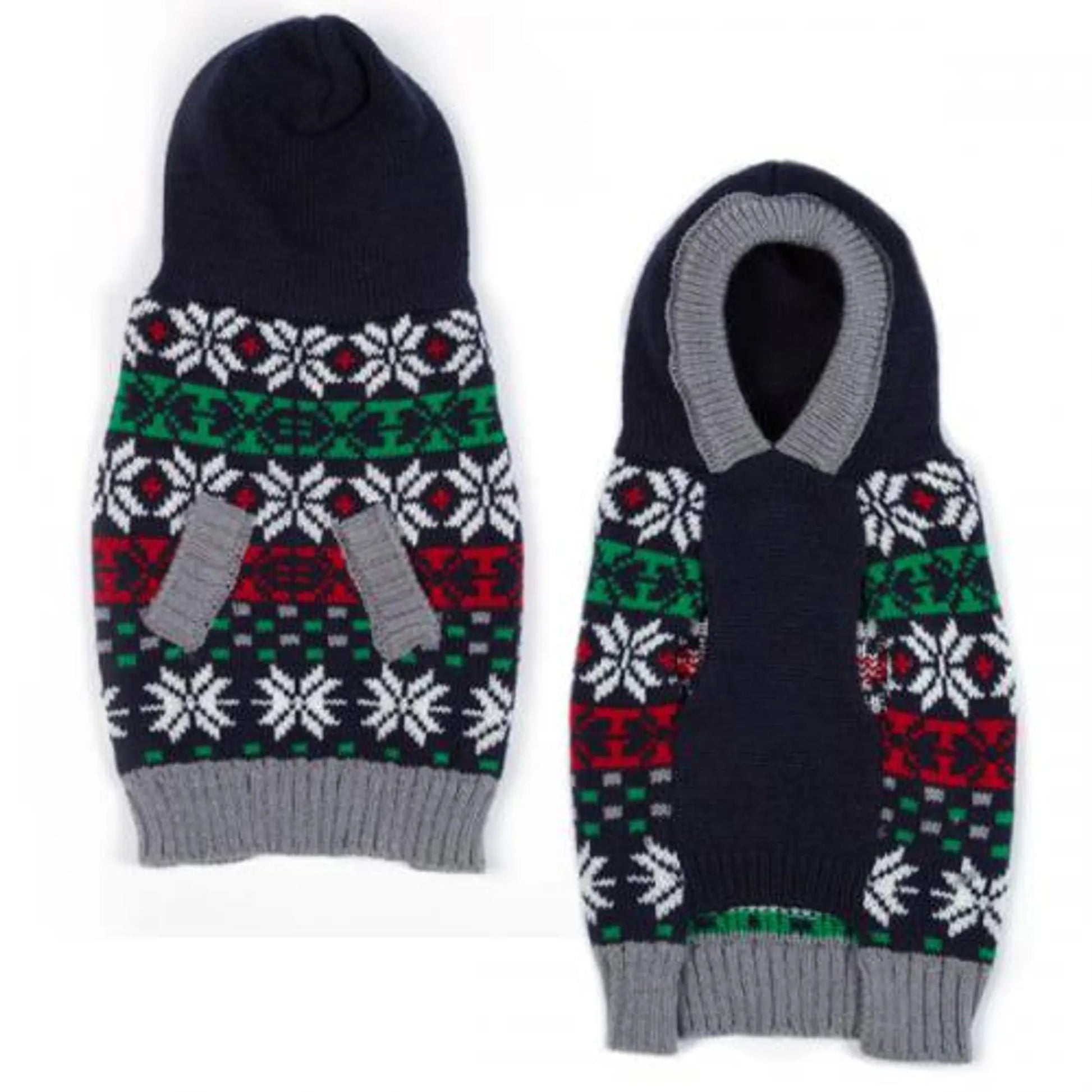 ES Snowflake Hoodie Sweater in navy with red, green, and white snowflake patterns, knitted pet hoodie sweater design.