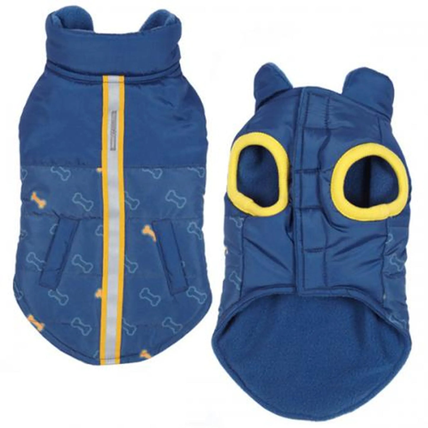 ES Bone Print Puff Jacket in blue with yellow accents, designed for pet comfort and warmth.