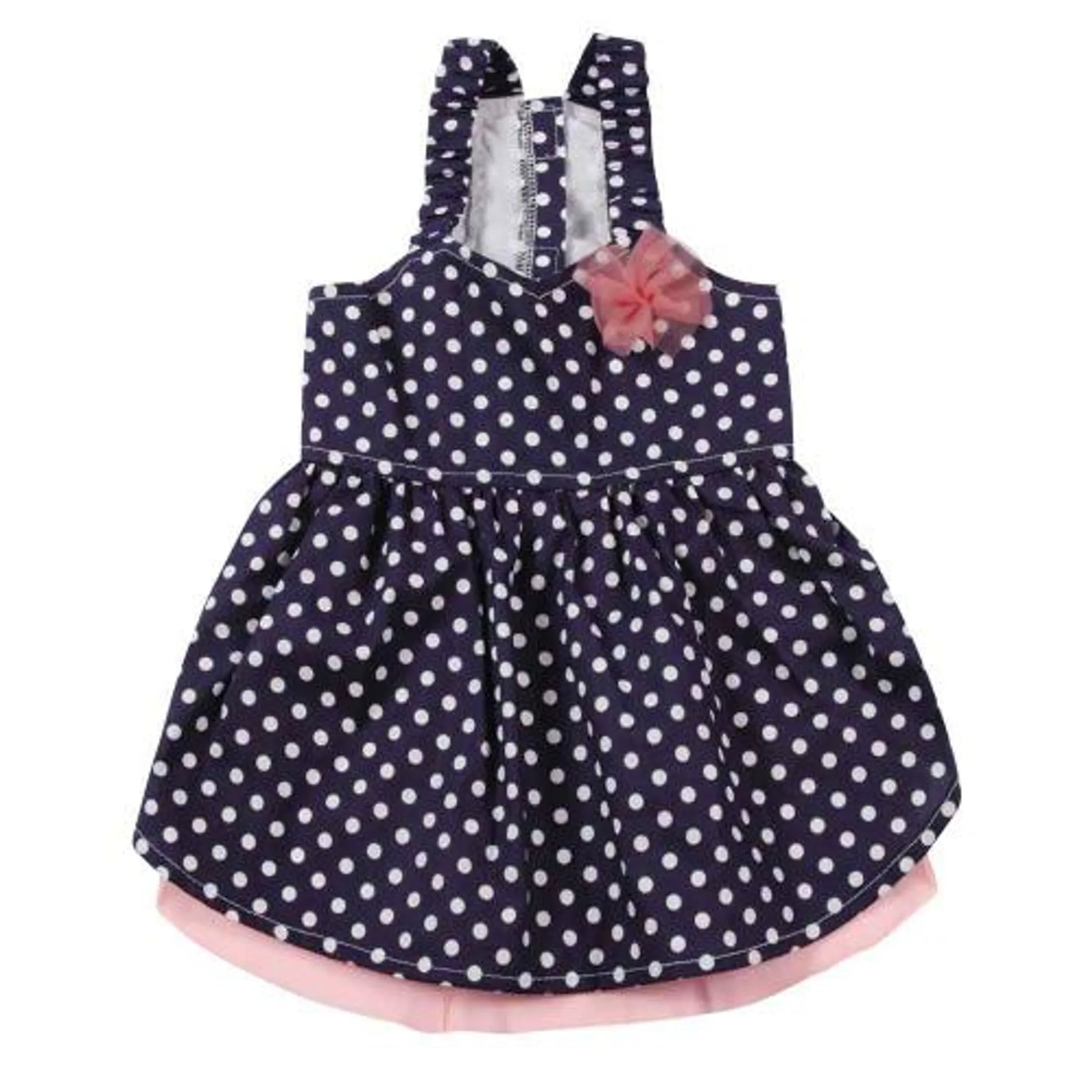 ESC Blue Polka Dot Dress with white dots and pink flower accent, sleeveless design with gathered skirt and pink underskirt