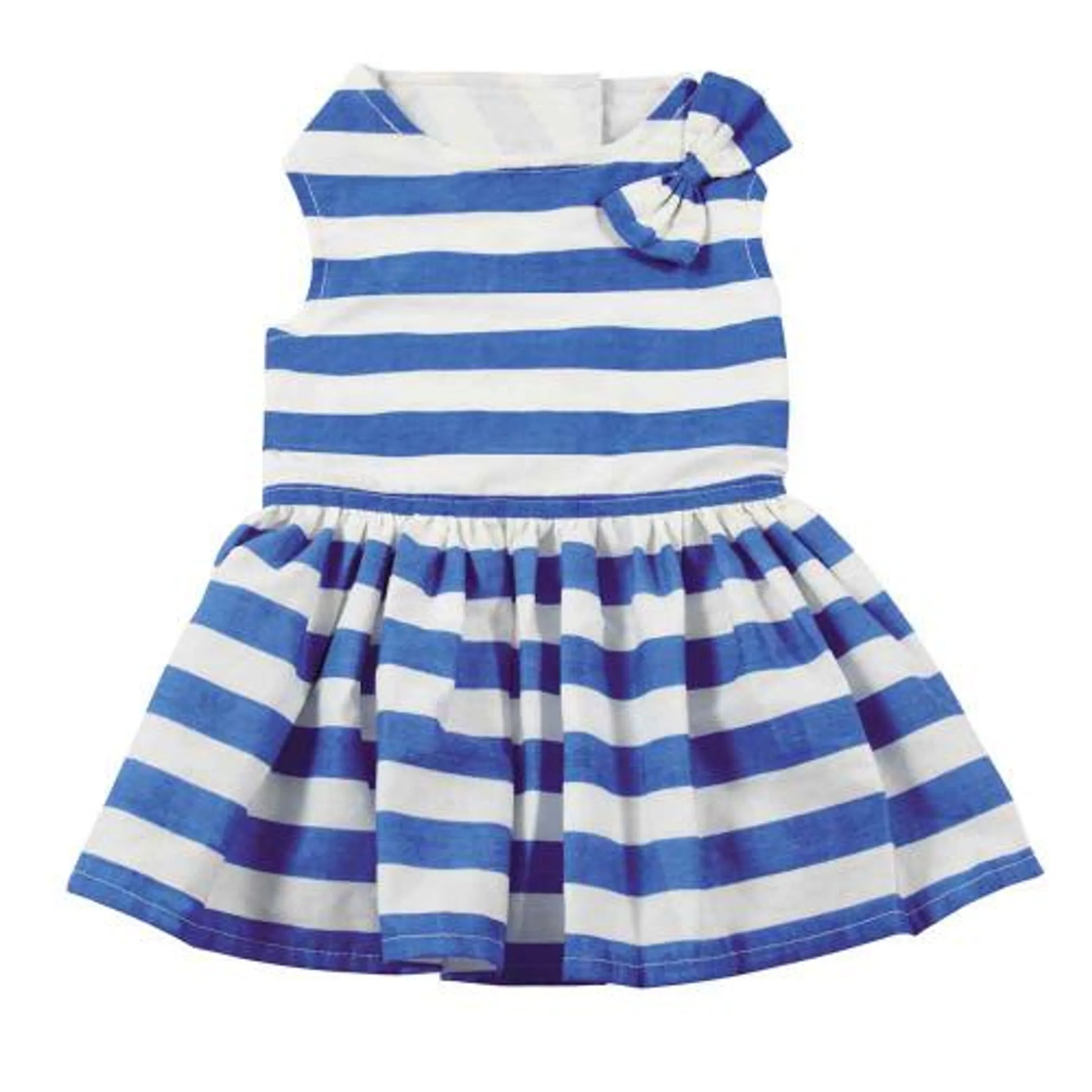 ESC Blue Stripe Dress with sleeveless design and bow detail, featuring blue and white horizontal stripes.
