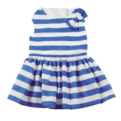 ESC Blue Stripe Dress with sleeveless design and bow detail, featuring blue and white horizontal stripes.