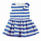 ESC Blue Stripe Dress with blue and white horizontal stripes and a small bow detail on the shoulder neckline