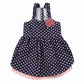 ESC Blue Polka Dot Dress with white dots, ruffled straps, and pink bow detail on navy fabric with pink underlayer