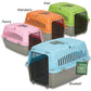 Four colored plastic pet crates named CR Carry Me Crate in bluebell, peony, mandarin, and kiwi colors with front metal doors.