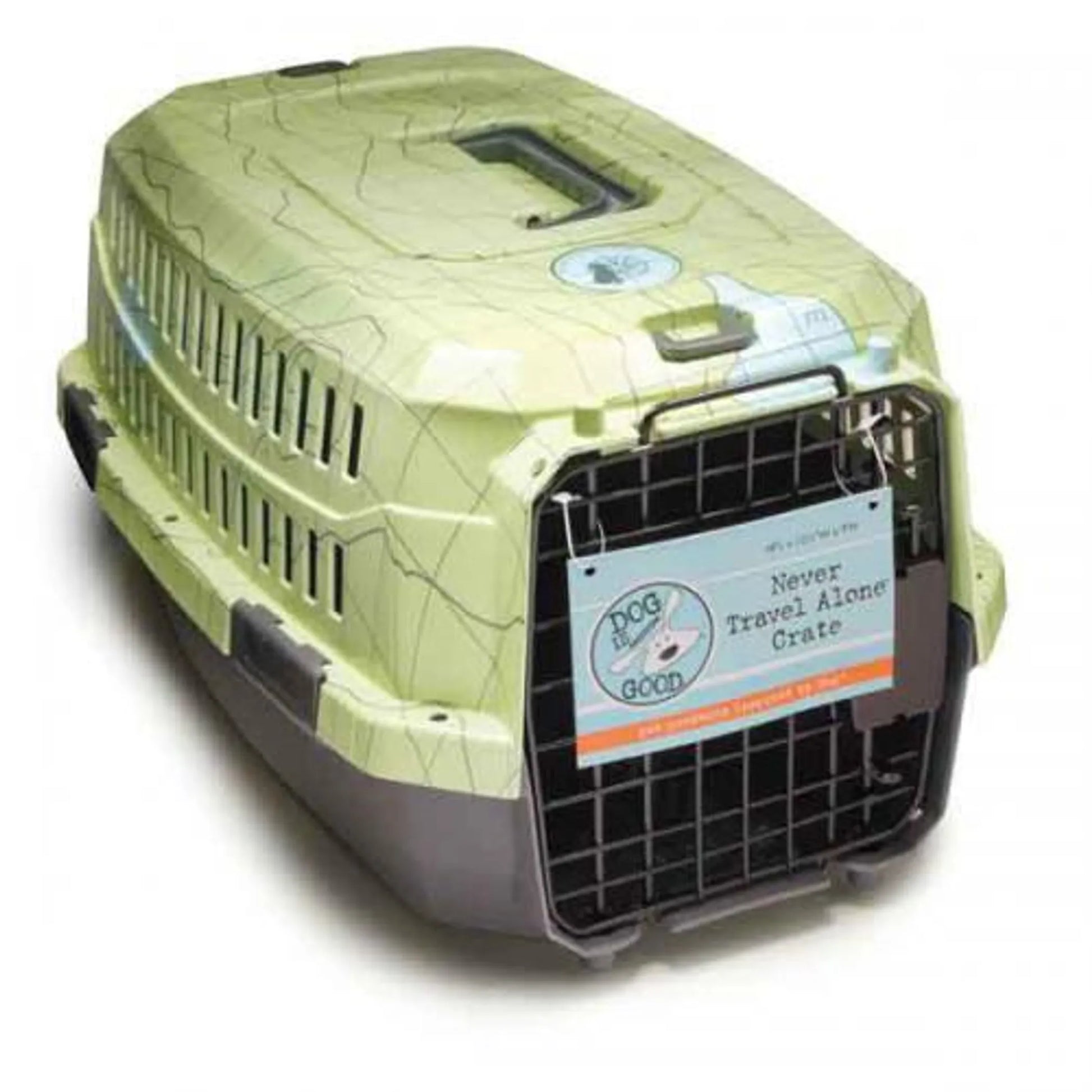 Dog Is Good Never Travel Alone Crate in tan and gray plastic with ventilation slits and front metal door for pet travel.